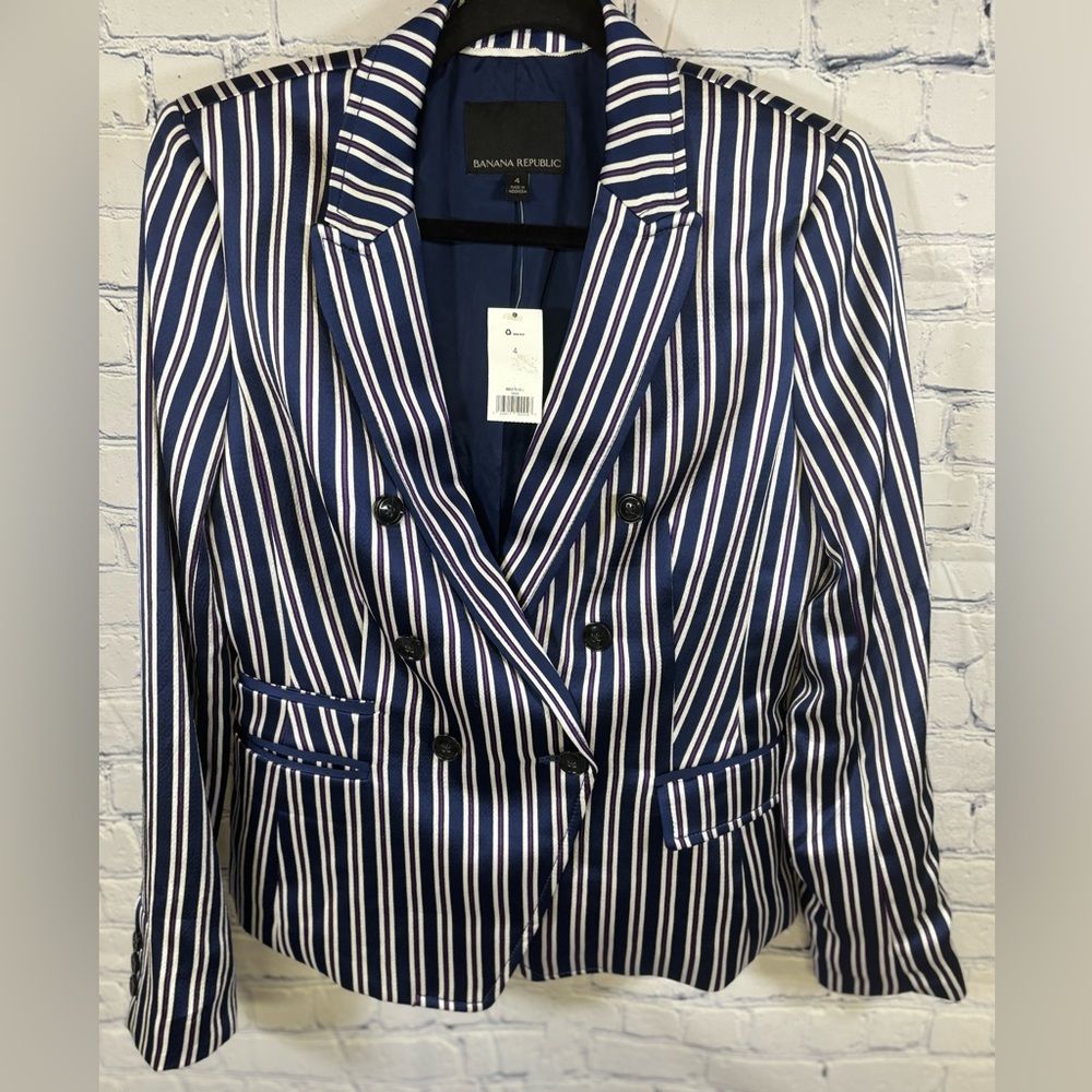 Nwt Banana Republic Double Breasted Striped Blue Workwear Academia Blazer 4